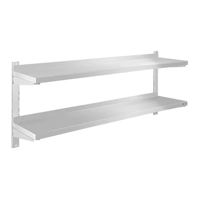 Image of Royal Catering Double Floating Shelf Kitchen Wall Shelves 2 Tier RCWR 140.2 (2 Height adjustable storage areas, 140 cm long, mounting, Stainless steel)