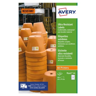 Image of Avery B3427 20 Ultra Resistant Labels, White (A4 Sheet of 105 x 74.3 mm, Labels)