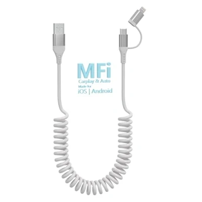 Image of USB to C and Lightning Cable Coiled 2 in 1,[MFi Certified] Apple Carplay &amp; Android Auto with 3A Fast Charging Data Sync,Short for iPhone 16/15/14/13/12 Galaxy White