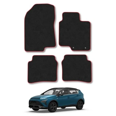 Image of Car Mats Compatible with Huyndai Bayon (2021 ) Tailored Fit Red Carpet Floor Set Accessory Custom 4 Pieces Anti Slip Backing &amp; Binding Trim Edge