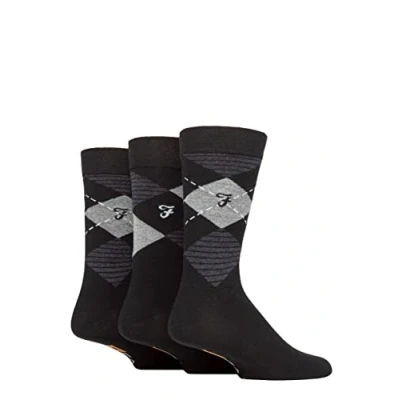Image of Mens 3 Pair Farah Argyle, Patterned and Striped Cotton Socks Black / Charcoal Argyle 6 11