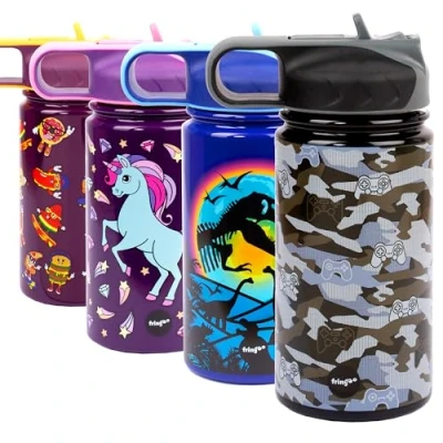 Image of Fringoo 350ml Toddler Water Bottle Insulated Stainless Steel and Straw Fliptop Durable Cool Design Game Pad Camo