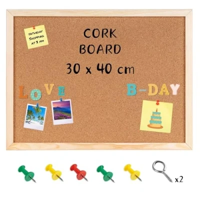 Image of Creative Home 30 x 40 cm Cork Board Wooden Pine Frame 5 Push Pins Included Small Pin Notice Perfect Display Corkboard for Office, Home, Kitchen, Bedroom, School, Café