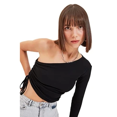 Image of Trendyol Women Fitted Basic Asymmetrical Collar Knit Blouse Black