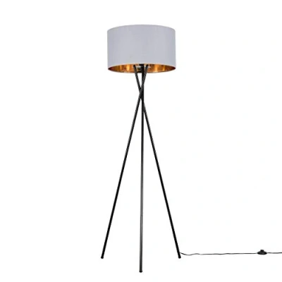 Image of MiniSun Modern Gloss Black Metal Tripod Floor Lamp with a Grey &amp; Gold Cylinder Shade