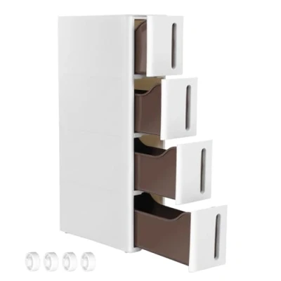 Image of SONGMICS Storage Tower on Wheels, Narrow Kitchen Column, 4 Tier Plastic Shelf, Space Saving, 45 x 17 84 cm, White and Grey KFR008G01
