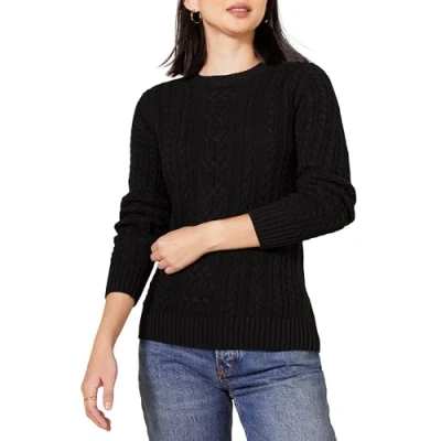 Image of Amazon Essentials Women&#039;s Fisherman Cable Long Sleeved Crewneck Sweater (Available in Plus Size), Black, S