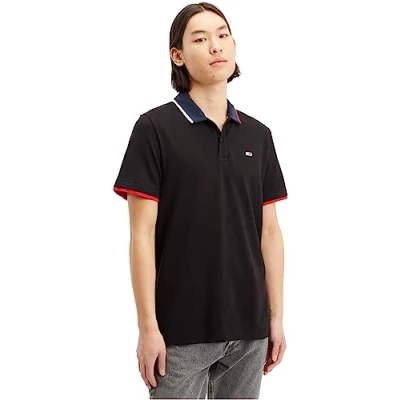 Image of Tommy Jeans Men&#039;s Short Sleeve Polo Shirt Reg Flag Regular Fit, Black (Black), S