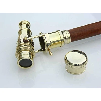 Image of Wood Cane Telescope Walking Stick Hidden Spy Brass Handle