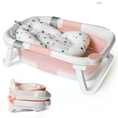 Image of Collapsible Baby Bath Foldable Tub Bathtub Newborn with Seat Support Cushion &amp; Stand Folding Baths for Toddler 0 6 Months Foam Pillow Travel Portable Infant Tubs Soft Bathing Insert Pad Kids Pink