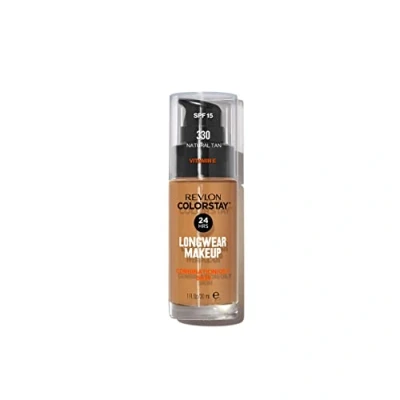 Image of Revlon Colorstay Liquid Foundation Makeup for Combination/Oily Skin SPF 15, Longwear Medium Full Coverage with Matte Finish, Natural Tan (330), 30 ml (Pack of 1), 330
