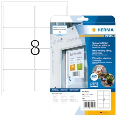 Image of HERMA Self Adhesive Removable Film Labels, 8 Labels per A4 Sheet, 20 Sheets, 99.1 x 67.7 mm, 160 Blank Weatherproof Stickers, Sticky for Laser &amp; Inkjet Printer, White