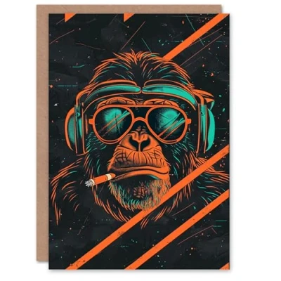 Image of Artery8 Birthday Card Neon Chimp in Shades DJ Music 80s For Him Man Male Dad Brother Son Papa Grandad Greeting