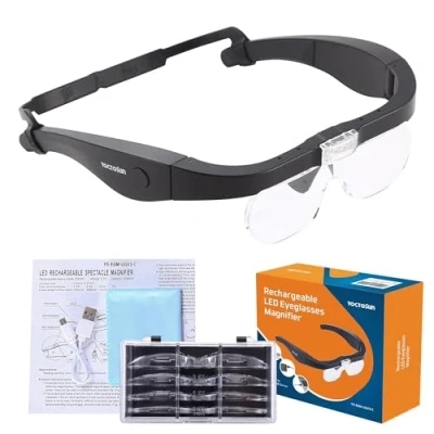 Image of YOCTOSUN Rechargeable Head Magnifier Glasses, Eyeglasses with 2 LED Lights and Detachable Lenses 1.5X, 2.5X, 3.5X,5X, Best Magnifying Glasses for Reading Hobby