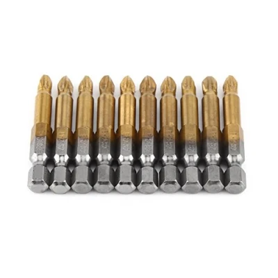Image of 10 Titanium Plated Non Slip Bits 50Mm Long (Ph2 Head Type) PH2 Cross Anti Skid 1/4 Inch Screwdriver Set