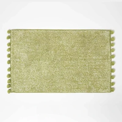 Image of HOMESCAPES Green Cotton Bath Mat Super Absorbent Tufted Bathmat with Pom Poms, 50 x 80 cm