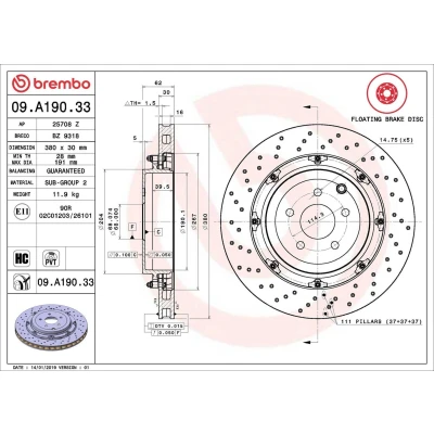 Image of 4320662B0A brake disc BREMBO 09.A190.33 380mm 30mm 5 perforated/vented, two part Coated High carbon