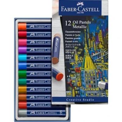 Image of Faber Castell Creative Studio Oil Pastels, Multicoloured, Cardboard Box Of 12 Metallic, For Art, Craft, Drawing, Sketching, Home, School, University, Colouring