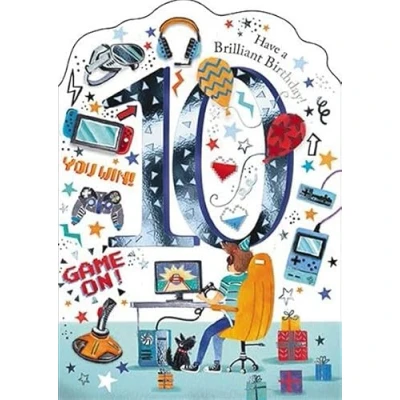 Image of Boys 10th Birthday Card Age 10 Gamer Boy with Dog, Balloons and Gifts Foil Finish Eco Friendly Recyclable by Paper House