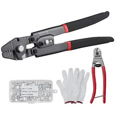 Image of VEVOR Crimping Tool, Up to 2.2mm Wire Rope Loop Sleeve Kit with a Cable Cutter and 160pcs Aluminum Buckles, Teflon Coating Anti Rust Fishing Tool