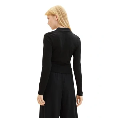 Image of TOM TAILOR Denim Women&#039;s Polo Long Sleeved Shirt with Ribbed Structure, 14482 deep Black, M