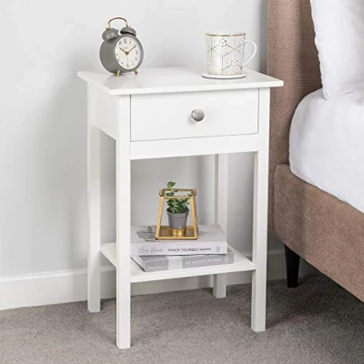 Image of CHRISTOW White Bedside Table With Shelf &amp; Drawer Bedroom Nightstand 60cm x 40cm 30cm