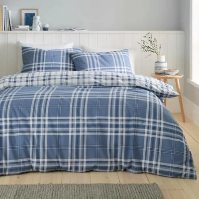 Image of Catherine Lansfield Kelso Check Reversible Super King Duvet Cover Set with Pillowcases Blue