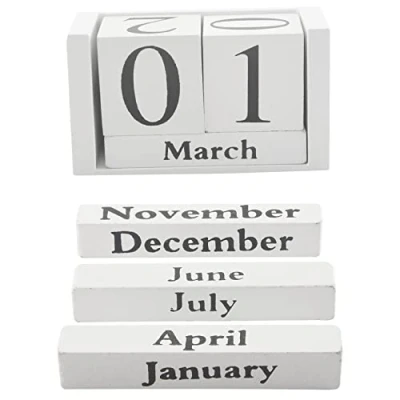 Image of Qusedwey Vintage Wood Calendar Shabby Chic Blocks Desktop Rustic Wooden Squares Home Office White