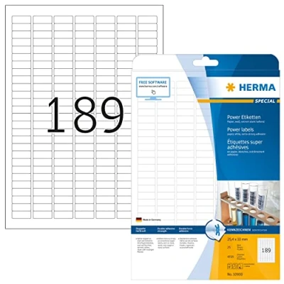 Image of HERMA Extra Strong Adhesive Labels, 189 Labels per A4 Sheet, 25 Sheets, 25.4 x 10 mm, 4725 Blank Heavy Duty Stickers, Sticky for Laser &amp; Inkjet Printer, White