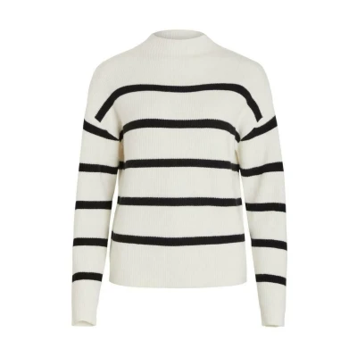 Image of Vila Women&#039;s Viril Mockneck L/S Knit Rib Top 2 Noos Jumper, White Alyssum/Stripes: Black, M