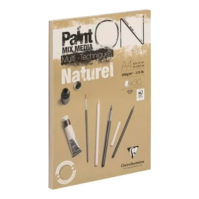 Image of Clairefontaine Ref 96540C Paint&#039;ON Multi Technique Naturel Paper Pad (30 Sheets) A4 Size, 250gsm Heavyweight Paper, Natural Sand Colour, Acid Free, pH Neutral