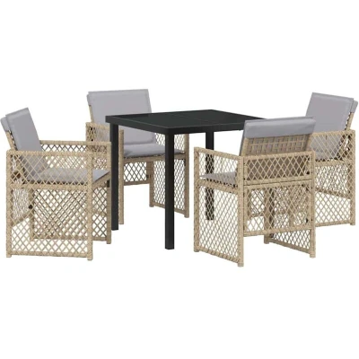 Image of vidaXL 5 Piece Garden Dining Set with Cushions Beige Poly Rattan
