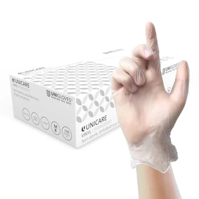 Image of Unigloves Unicare Clear Vinyl GS0072 Examination Multipurpose, Lightly Powdered, Latex Free Disposable Gloves, Box of 100 Clear, Small