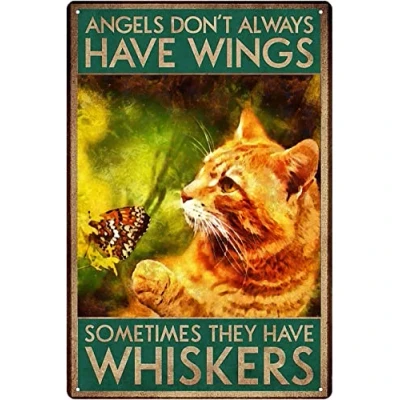 Image of Funny Tin Sign Angels Don&#039;t Always Have Wings Sometimes They Whiskers Metal Wall Decor for Cafe Bar Pub Home 30X43CM