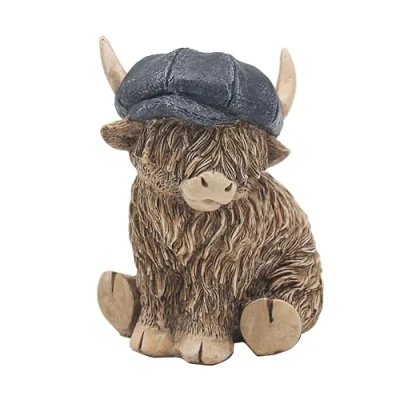 Image of The Leonardo Collection Happy Highland Cow Cheeky Blinder Sitting with Flat Cap Figurine, LP73655