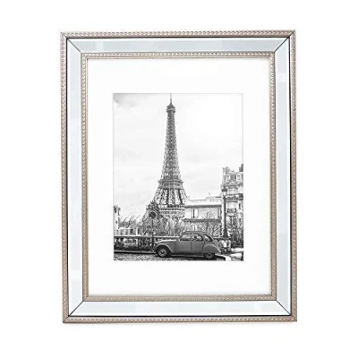 Image of Isaac Jacobs 11x14 (8x10 Mat) Champagne Mirror Bead Picture Frame Classic Mirrored with Dotted Border Made for Wall Display, Photo Gallery and Art (11x14 Mat), Champagne)