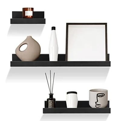 Image of GEEZY Set of 3 Floating Wall Shelves Picture Ledge Display Rack Book Hanging Shelf (Black)