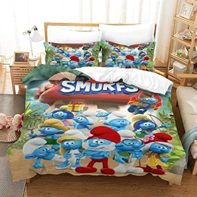 Image of CIFEAR 3D Printed Duvet Cover Smurfs Bedding Set for Children Youth,Bedding with Pillowcases,Microfiber Quilt Double（200x200cm）