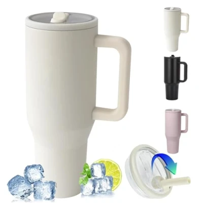 Image of ZHUIYIWIN Tumbler with Handle and Straw, Water Bottle Coffee Cup Travel Mug for Cold or Hot Drinks,Double Wall Stainless Steel Vacuum Insulated Lid (White, 30OZ)