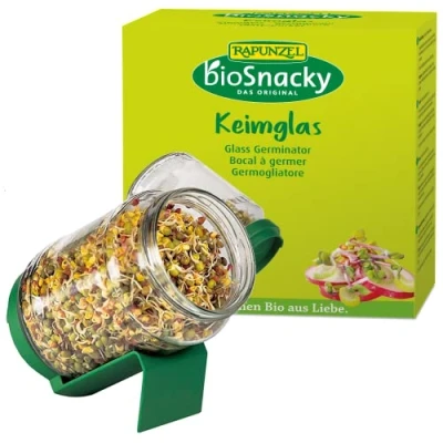 Image of Rapunzel BioSnacky Small Germinator Device for Growing Sprouts Dishwasher safe Glass Jar Strong Lid with Drainage Holes Approx 8x14cm