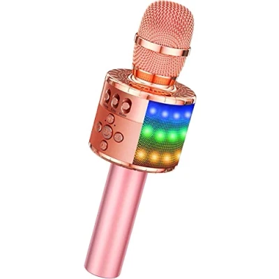 Image of BONAOK Wireless Bluetooth Karaoke Kids Microphone with Controllable LED Lights, Portable Machine Speaker Birthday Gift Party Travel Toy for iPhone, iPad,Android,PC (Rose Gold Plus)