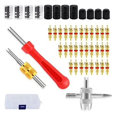 Image of 46 Pcs Valve Core Remover Tool, Car Bike Tyre Tool Set with Dual &amp; Single Head Tire Repair Tool,1 4 Way 12 Caps, 30 Cores (Gold)