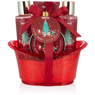 Image of BRUBAKER Cosmetics Bath and Shower Gift Set Winter Berry Fragrance 5 Piece Care Decorative Tub Christmas for Women Men