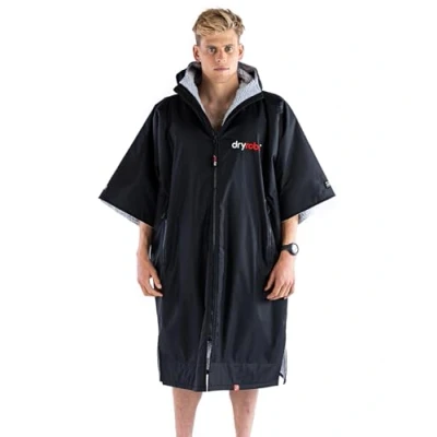 Image of Dryrobe® Advance Short Sleeve Waterproof Changing Robe Oversized Swim Parka Coat with Fleece Lining Hooded Jacket for Beach, Cold Water Wild Swimming, Surfing Childs Age 5 9 Black Grey