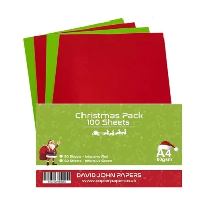 Image of DJP A4 Christmas Coloured 80gsm Paper Intensive Red &amp; Green 100 Sheets (50 Each Colour)