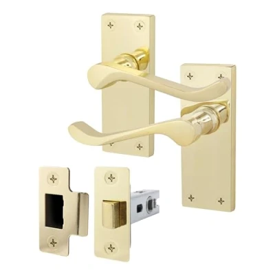 Image of EAI Polished Brass Victorian Scroll Door Handle Latch Set 1 Pair of Internal Lever Handles on Backplate &amp; (66mm)