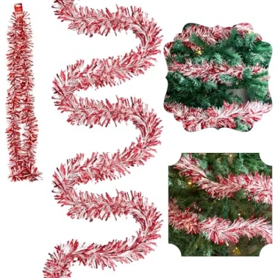 Image of SRVertex 1x Christmas Tinsel Garland, 2 Meter Red/White Candy Mix for Xmas Tree, Thick &amp; Thin Valentine Bouquets Cake Wedding Party Backdrops Wall Indoor and Outdoor Décor