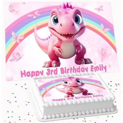 Image of CUTE PINK DINOSAUR BIRTHDAY PERSONALISED ICING EDIBLE COSTCO CAKE TOPPER DECORATION R1 306