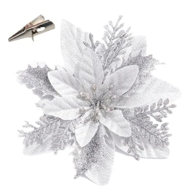 Image of Ikamazyeao 12 Pieces 5.5&quot; Artificial Flowers Glitter Poinsettia Ornaments Christmas Silk Heads with Clip for and New Year Decoration (Sliver)