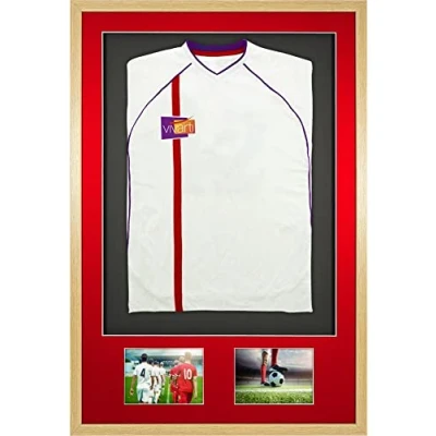 Image of Vivarti DIY Adult 3D Mounted + Double Aperture Sports Shirt Display Frame for Football Shirt, Rugby Band T Shadow Box 61 x 91.5cm Oak Frame, Red Mount, Black Backing Card